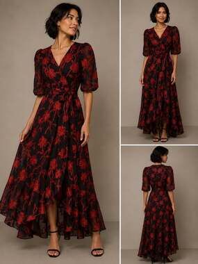 Kensie Women's Black and Red Floral Burnout Velvet Puff-Sleeve Wrap Maxi Dress,